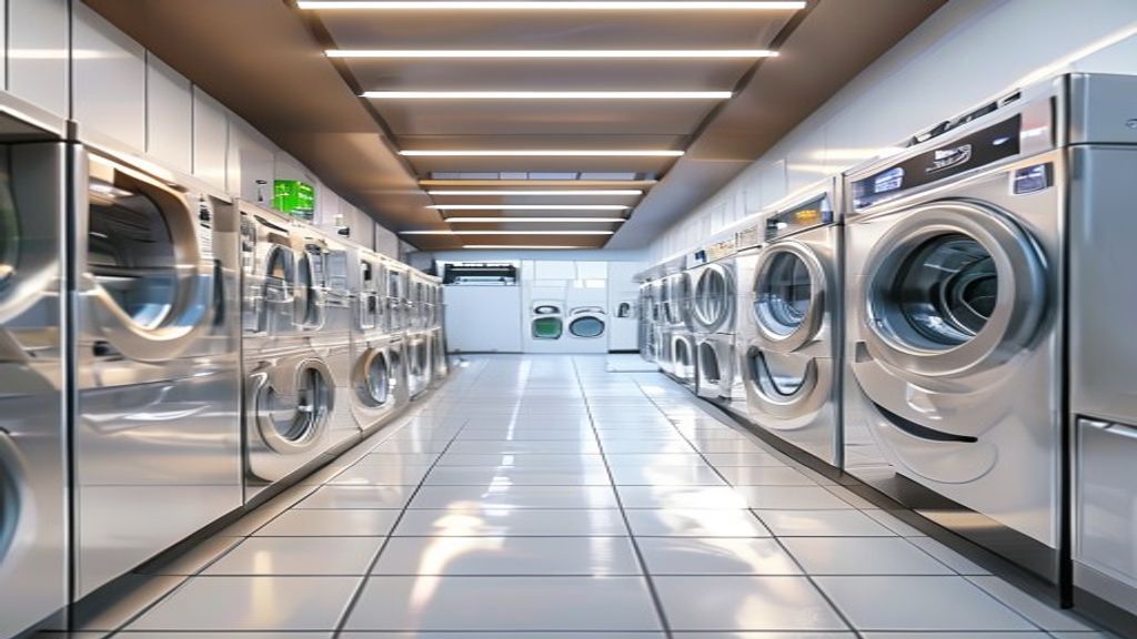 Interior moderno de lavandería autoservicio con máquinas Domus